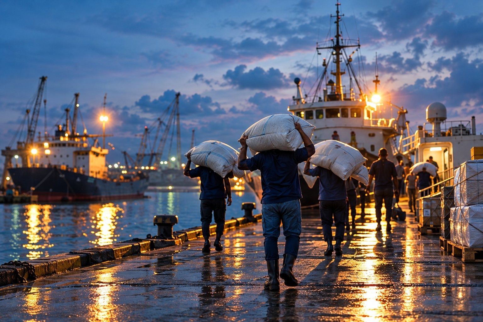 Illustration of workers carrying relief supplies at a harbor